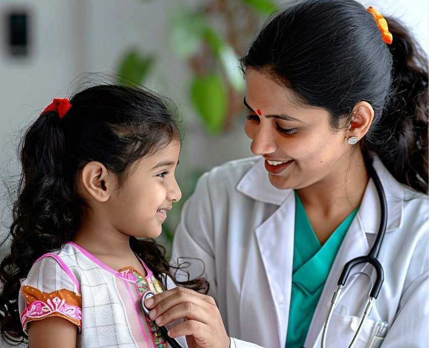 The doctor is examining a small girl