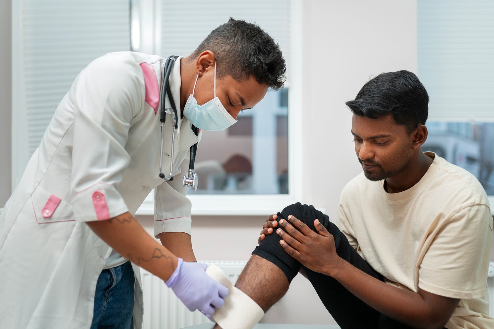 A patient is holding his injured leg and the best orthopedic doctor in Lake Town is checking his wounds.