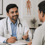 A doctor and a patient are discussing in the best multispecialty hospital in Lake Town
